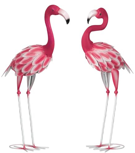 SUNREEK Set mit 2 rosa Flamingo-Statuen, Metall, Hof-Flamingo für Garten, Terrasse, Rasen, Hinterhof-Dekorationen