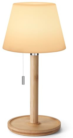 Outdoor Battery Operated Table Lamp Waterproof, Cordless Table Lamp Rechargeable with Pull Chain 3 Lighting, Small Portable Touch Night Light for Patio Bathroom Shower Restaurant Dining(Upgraded Base)