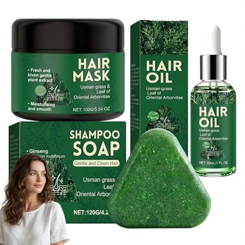 Kit de cuidado para el cabello con hoja de árbol de la vida, barra de champú para el cabello con aceite para el cabello, champú natural de hierba Usman, jabón y mascarillas para el cabello, hidratante