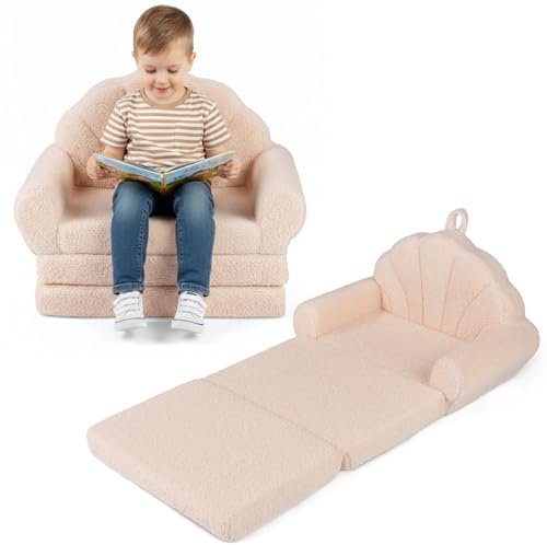 COSTWAY 2 in 1 Kindersofa ausklappbar in Muschelform, Kindercouch mit Schlaffunktion, Kindersesel gepolstert mit abnehmbarem Bezug, Spielsofa Kinderzimmer für Jungen & Mädchen ab 3 Jahren (Beige)