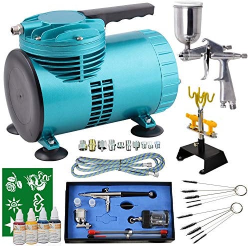 Airbrush Compressor KIT - Airbrushing Set - Dual Action Airbrush Gun - Airbrush Design Airbrush Compressor Kit with 2 Airbrush Pistols 4 Colours Set Stencil Tattoo