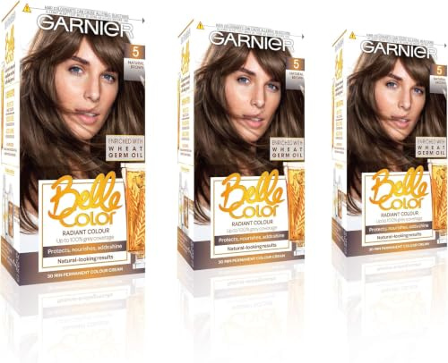 Garnier Belle Color Brown Hair Dye Permanent, Natural Looking Hair Colour, Up To 100% Grey Coverage - 5 Natural Brown Pack Of 3