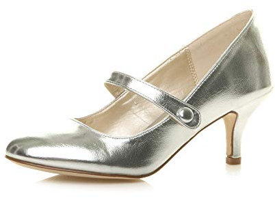 AJVANI Low mid Heel Mary Jane Strap Work Party Court Shoes Size 8 41 Silver Metallic