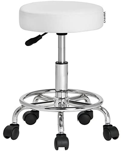 Casaria® Hocker mit Rollen Höhenverstellbar 10 cm Polsterung 51-65cm Sitzhöhe 360° Drehbar Ø35cm Fußstütze Rund Rollhocker Drehhocker Arbeitshocker Weiß