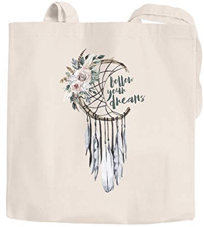 Jutebeutel Traumfänger Dreamcatcher Follow your Dreams Spruch Blumen Federn Spruch Boho Baumwolltasche Stoffbeutel Autiga® natur 2 lange Henkel