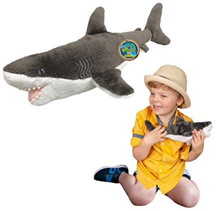 EcoBuddiez - Großer Weißer Hai von Deluxebase. Mittelgroß 40cm weiches Plüschtier aus recycelten Plastikflaschen. Umweltfreundliches kuscheliges Geschenk für Kinder und süß Stofftier für Kleinkinder.
