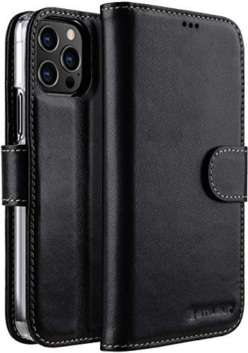 STILGUT Talis kompatibel mit iPhone 12 Pro Max (6.7“) Hülle mit Kartenfach aus Leder, Flip Cover, Wallet Case, Handyhülle mit Fächern, Standfunktion & Verschluss - Schwarz Nappa