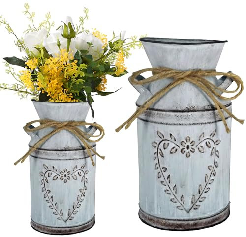 Vintage Blumenvase Eisen Blumentopf Milchkanne Herz Milchkanne Eisen Blumentopf Shabby Deko Landhausstil Vase Rustikal Blumeneimer Metall Eimer Übertopf Dekovase Kaktus Topf für Wohnzimmer Tischdeko