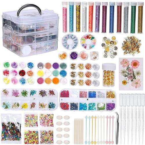 UHAPEER Resin Zubehör 260 Stück, Epoxidharz Set mit Aufbewahrungsbox, Schmuck Selber Machen Set Perlen, Epoxitharzbasteln Set mit Trockenblumen, Glitzer, Goldfolie Flakes, Schmuckherstellung kit