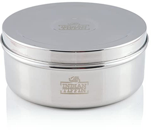 Indian-Tiffin Masala Dabba Récipient à épices hermétique - avec étiquettes et cuillère à épices (Grand (20cm), couvercle en acier, couvercles transparents sur les pots intérieurs)