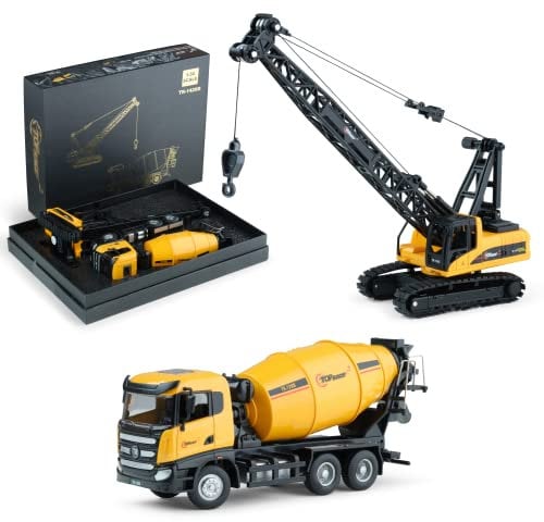 Top Race Diecast Metal Construction Cement Mixer Truck and Crane Crawler - Collectible Toy Set for Display and Play - Ideal for Kids and Adults - 1:50 Scale Set of 2