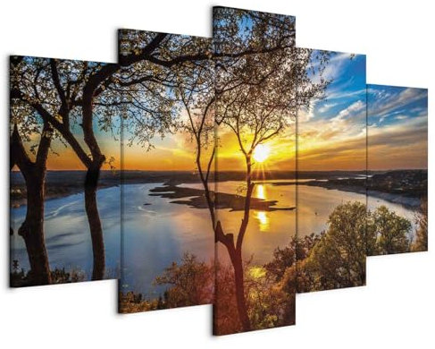 B&D XXL - Quadro Paesaggio Tramonto Sul Lago 200x100 cm 5 Pezzi - Stampa su Tela XXL Grande - Quadri Moderni Componibili Camera da Letto Matrimoniale - Stampe da Parete - Alberi c-B-0640-b-m