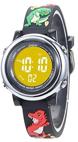 Kinderuhr Digital für Jungen Mädchen 3ATM Wasserdicht Kinder Armbanduhr mit Wecker Datum Stoppuhr Kinder Uhr für 3-10 Jahre (Schwarzer Dinosaurier)