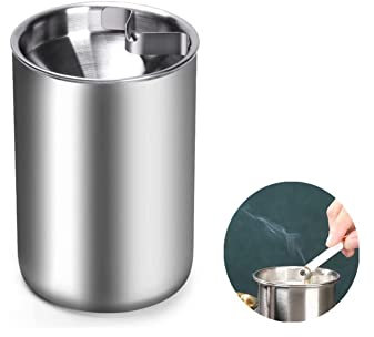 YKKJ Aschenbecher mit Deckel, Windaschenbecher aus Edelstahl, Aschenbecher für Draussen, Balkon und Büro, Winddicht & Tragbar, Silber