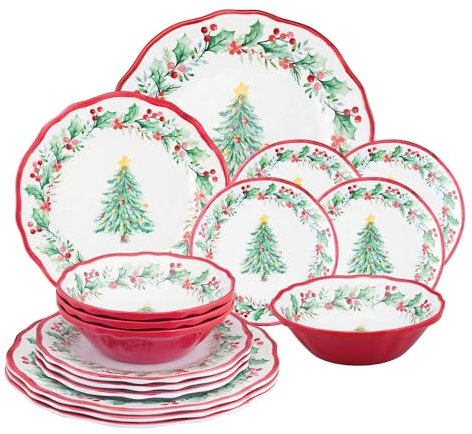 UP UPware 16-Piece Melamine Dinnerware Set, Includes Dinner Plates, Salad Plates, Dessert Plates, Bowls, Service for 4 (Christmas Tree)