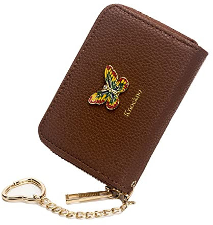 knockno 12 Kartenfächer Kreditkartenetui Leder Reißverschluss Exquisite Gold Bee Kartenetui für Mädchen oder Frauen Akkordeon Geldbörse mit abnehmbarem Schlüsselanhänger, kaffeebraun, Schmetterling