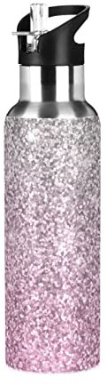 Mnsruu 20 Oz Water Bottle with Straw Silver Pink Glitter Sparkles Stainless Steel Water Bottle for Traveling Sports Leakproof Insulated Water Bottle