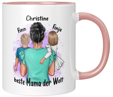 TassenTicker - Personalisierte Tasse - Mama - Tochter - Sohn - Muttertag - Muttertagsgeschenk - Geburtstag - Beste Mama - Geschenk - Mamaspruch (2 Kinder Rosa)