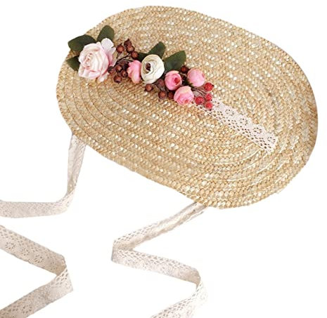 Caoxhenr Chapeau de Paille Victorien Lolita Pour Femme et Fille - Mariage, Vintage, Fleurs - Plage - Tissé, Comme Sur l'Image, Taille Unique