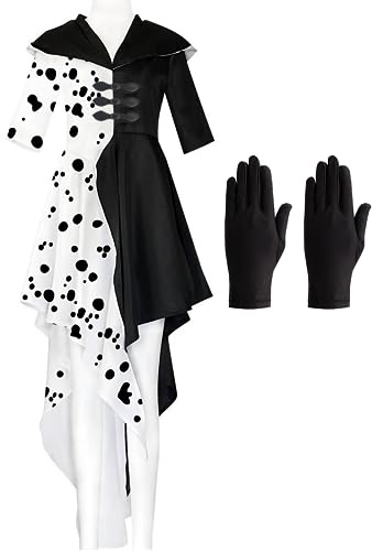 REIWIDE Karneval Cruella Deville Damen Kostüm: Cosplay Hexenkleid Schwarz Weißes Dalmatiner Kleid für Karneval Halloween Party Dress