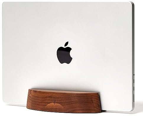 Nordik Vertical Laptop Stand - Walnut - Premium Laptop Holder for Home Office, Software Engineers - Space Saving Desk Laptop Dock for Mac Users and Laptop Users - Stable Non-Slip Wood Stand