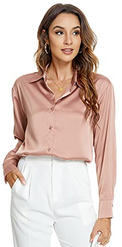 Atnlewhi Camicetta da donna a maniche lunghe, con bottoni, in raso, per lavoro, ufficio, formale, casual, camicia, Colore: rosa., XL
