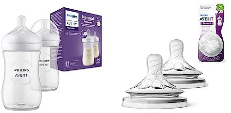 Philips Avent Babyflaschen Natural Response – 2x Babyflaschen, 260 ml, für Neugeborene ab 1 Monat, BPA-frei (Modell SCY903/02) & Avent Natural-Sauger (Modell SCF042/27)