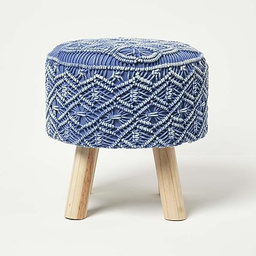 Homescapes Willow Makramee-Hocker Boho Style blau 41x43 cm, Stoff-Hocker rund, Blauer Hocker mit Holzbeinen