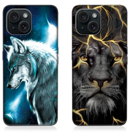 DiaryTown 2 Stück iPhone 15 Hülle Tier Muster Motiv Handyhülle Ultra Dünn Silikon Schwarz Case Kratzfest Stoßfeste Schutzhülle Weich TPU Bumper Cover für iPhone 15 - Wolf & Löwe