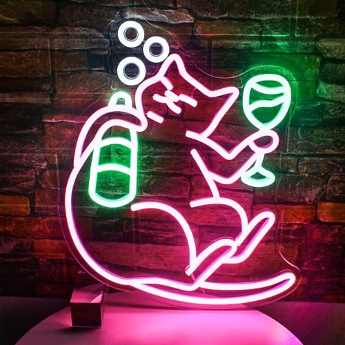 SIGNSHIP Drinking Cat Neon Schild Dimmbare Bier Katze Neon Lichter LED Tier Neon Licht für Wand Dekor Licht up Sign für Katze Wand Dekor Geburtstagsfeier Geschenk für Kinder Mädchen Junge