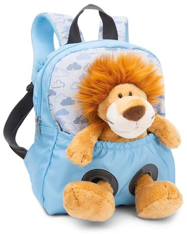 NICI Kinderrucksack blau 2 in 1 mit Kuscheltier Löwe 25cm - Kindergartenrucksack Mädchen & Jungen - Weicher Rückenbereich & verstellbare Gurte - 49848