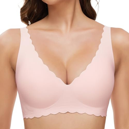 GXOULRRA Komfort Tief V BH Damen ohne Bügel Nahtloser Bügelloser BHS Klassische Soft Bustier Seamless T Shirt Bequem Bralette mit zusätzlicher Rosa S
