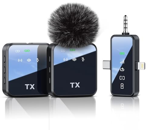 PQRQP 3 in 1 Microphone for iPhone/Android/Camera, Wireless Lavalier Microphone, 328ft Transmission, 18H Battery Life, Mini Microphone for Record Interview, Vlogs, YouTube, Tiktok