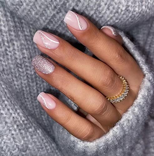JUSTOTRY 24 Pcs Rose Swirl False Nails Short Pattern,Pink Square Press on Nails,Glossy Fake Nails Medium for Nail Art,Glitter Squoval French Stick on Nail for Women and Teens Gifts