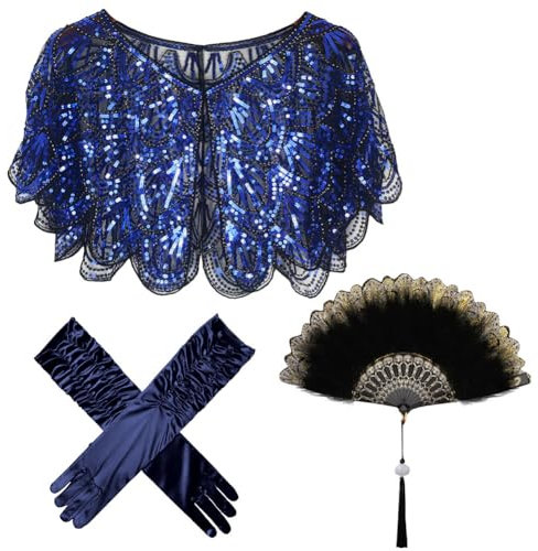 Asudaro Pailletten Schal Frauen 1920s Hochzeit Cape Schals und Wraps Vintage Feder Fan Elegant Satin Handschuhe 3Stück für Tanz, Schönheitswettbewerb, Hochzeit Party Dunkelblau + Marineblau + Schwarz