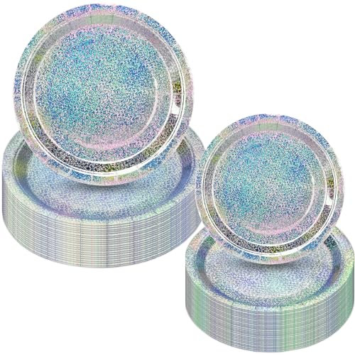 Lot de 100 assiettes jetables holographiques en carton irisé de 17,8 cm et 22,9 cm - Assiettes rondes jetables en papier irisé arc-en-ciel (couleur irisée, 17,8 cm + 22,9 cm)