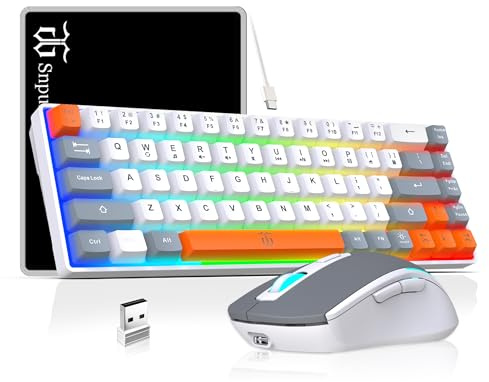 Snpurdiri 60% Wireless Gaming Keyboard and Mouse Combo,Rainbow Backlit Rechargeable 2000mAh Battery,Mini Mechanical Feel Keyboard +Popular RGB Mice for Gaming,Business Office(Gray-White-Orange)