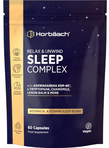 Sleeping Tablets with Ashwagandha KSM-66 | 5000mg Complex for Adults with Lemon Balm, Chamomile and L-Tryptophan | 60 Vegan Capsules | Night Time Complex for Men & Women | by Horbaach