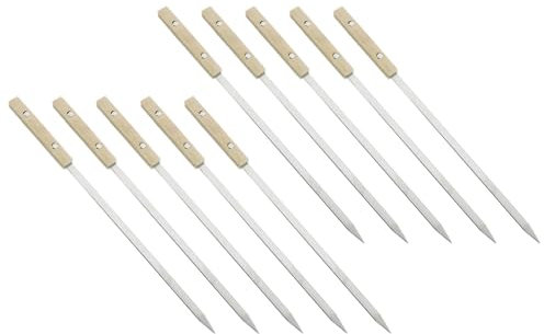 Dualoai 10 Stück Flache Grillspieße, Schaschlikspieße, Edelstahl Metallspieße mit Holzgriff Set für Fleisch, Hähnchen Und Bratenspieße, 50CM