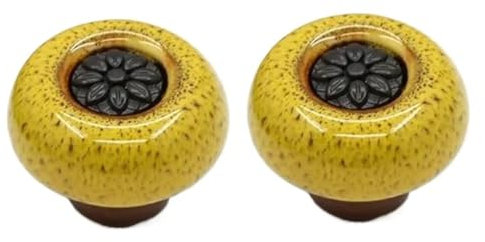 HDJNal Lot de 2 boutons en céramique – Boutons de porte d'armoire de cuisine de forme ronde vintage pour meubles et tiroirs – Vintage shabby chic (32 mm de diamètre, noir/jaune)