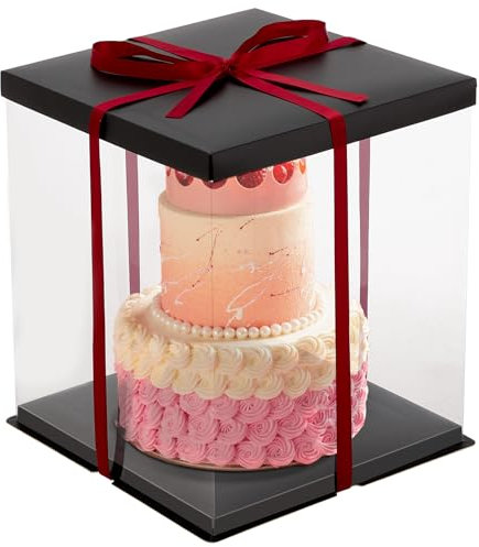 Warmiehomy Clear Cake Box, 34x34x37CM for 12 Inch Tall Cake Box, Transparent Cake gift Boxes with Lid & Ribbon, Plastic Large Cake Gift Packaging Boxes for Birthday Wedding Christmas Party