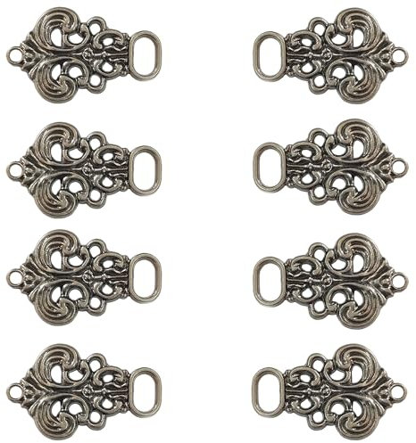 ZAHD 8 Stück (4 Paar) Metall Miederhaken Dirndl Knöpfe Annähen Altsilberfarbene Verschluss für Trachten Mieder Größe Kleiner 33mmx21mm (Schwarz)