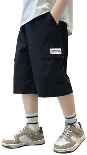 Pantalon Court Cargo Ado Garçon Taille élastique 8-15 Ans Ete Large Shorts Ample Enfant Garcon Pas Cher Confortable Casual Sport Jogging Streetwear Sweatpants (Black, 12-13 Years)