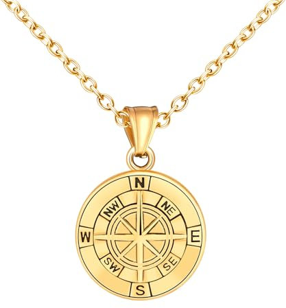 INFINIONLY Collane Ciondolo Medaglioni Collana con Incisione a Bussola in Acciaio Inossidabile da Uomo Donna Ciondoli a Moneta d'Oro Adolescenti Accessori di Tendenza