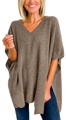 Pull de Couleur Unie pour Femmes, col en V, à Rayures, Mode Poncho Cape, col en V, Pull Ample Veste Femme Longue Noir Veste Femme Automne (Coffee, XL)