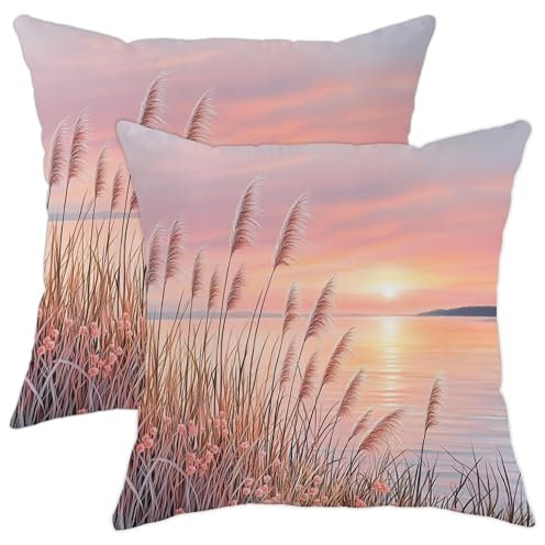 Juego de 2 fundas de cojín de atardecer, funda de cojín con diseño de hierba de pantano de melocotón, funda de cojín cuadrada decorativa para el hogar, sofá, cama, sofá, 20 x 20 pulgadas