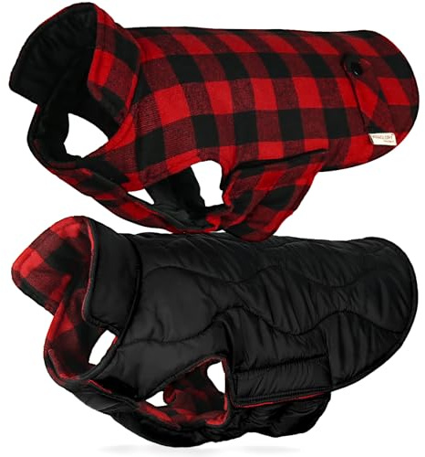 VIVAGLORY Softjoy Hundemantel, Wintermantel mit Bauchschutz, Hundejacke für Winter & Weihnachten, Warm Softshell Kariert Schnittmuster Verstellbar, XL, Schwarz Rot