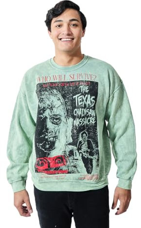 Bioworld Texas Chainsaw Massacre Who Will Survive Oversized Poster AdultUnisex Mineral Washed Crew Neck LongSleeve Sweatshirt, Green, S