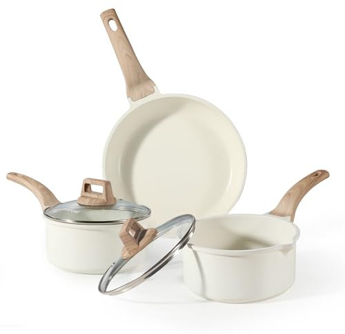 CAROTE Pots and Pans Sets Non Stick, 5 PCS White Granite Induction Hob Pan Set, Natural Non Toxic Cooking Cookware Set with Saucepan Set,Suitable for All Stoves