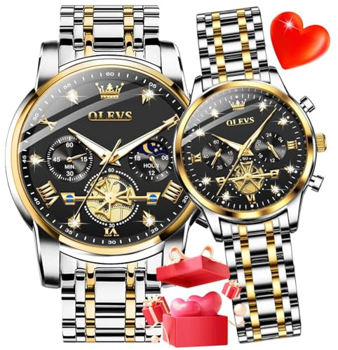 OLEVS Armbanduhr-Set für Paare, für Sie und Ihn, passende Armbanduhr, Diamanten, romantisch, Valentinstag, Chronograph